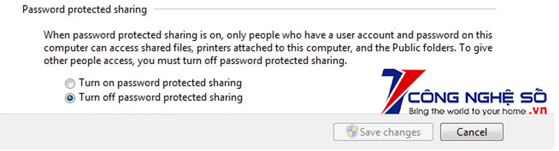 Nhấp vào Turn off password protected sharing