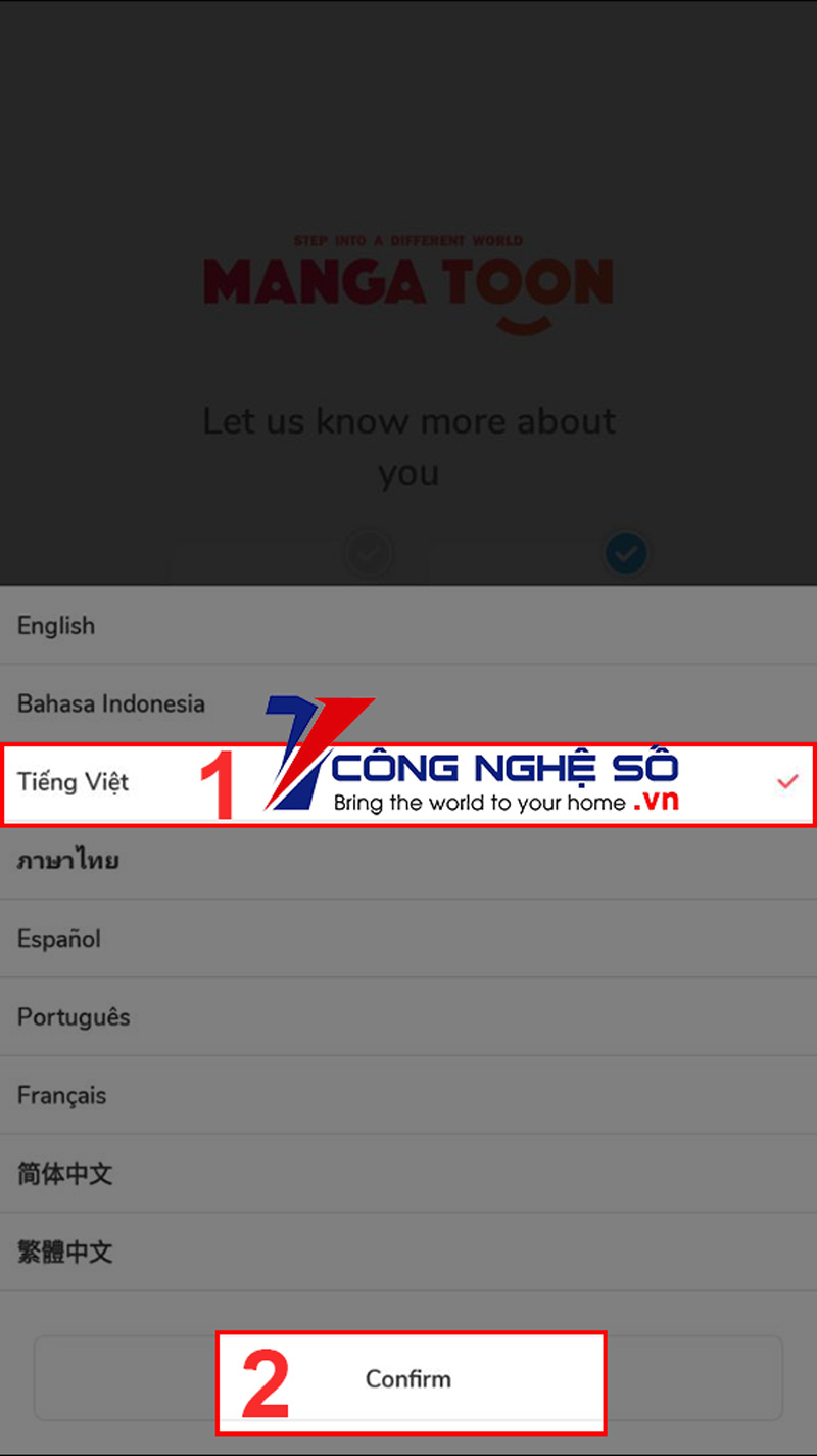 Nhấn chọn Tiếng Việt