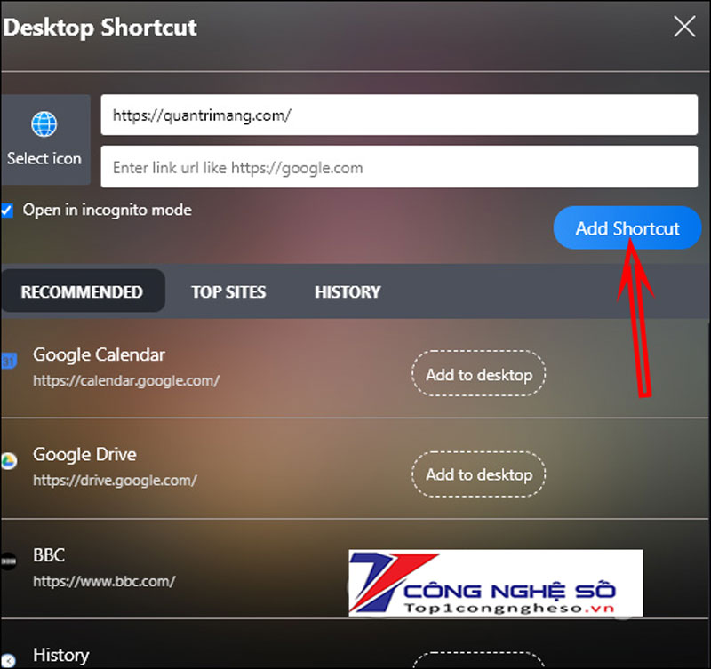 Nhấn Add ShortCut để tiến hành thêm